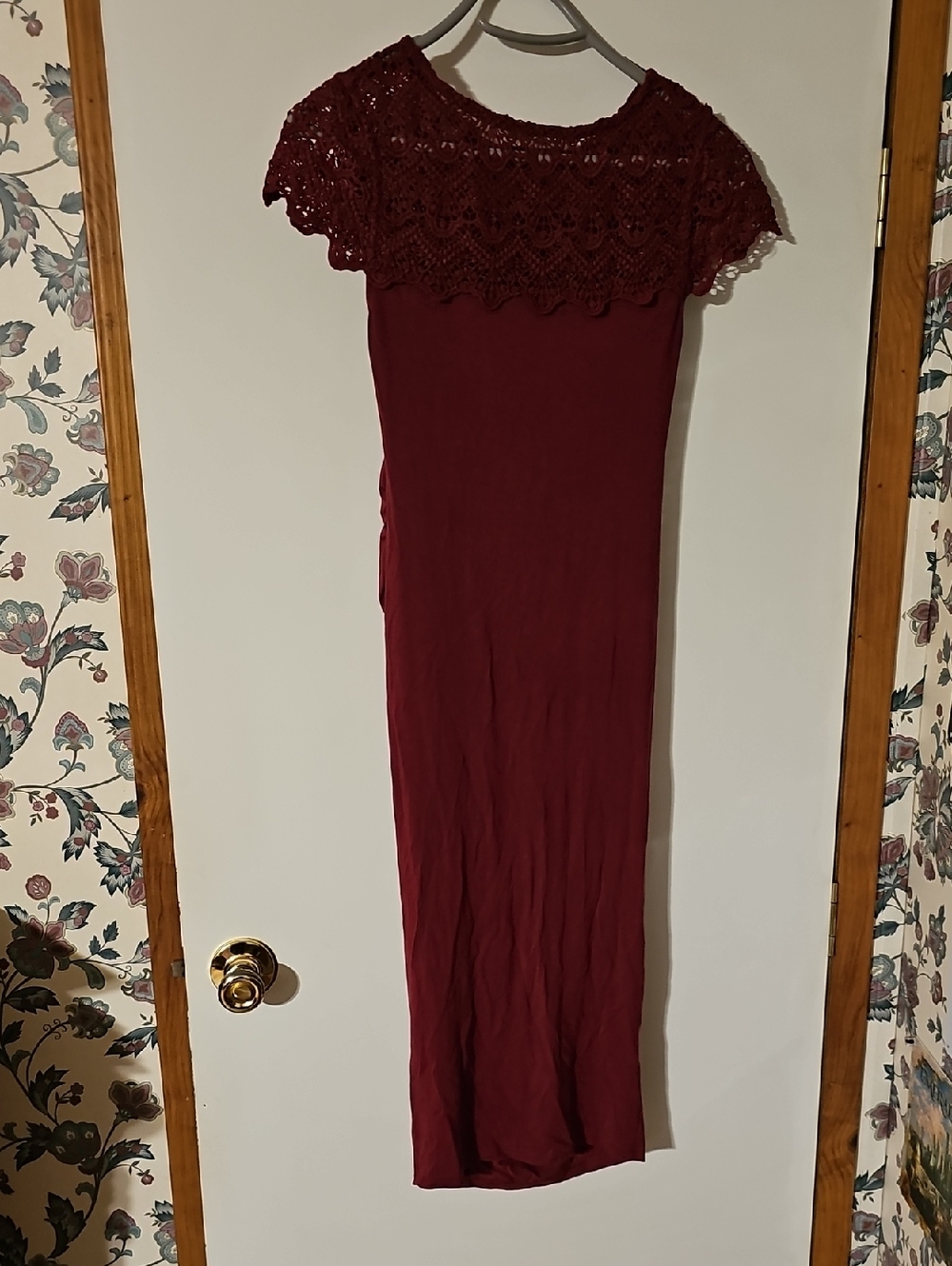PattyBoutik Burgundy Maxi Dress with Crochet Lace Yoke